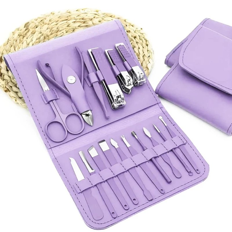 16 Pcs Stainless Steel Color-Coated Manicure and Pedicure Set with Leather Case for Travel and Home Use | Random Color