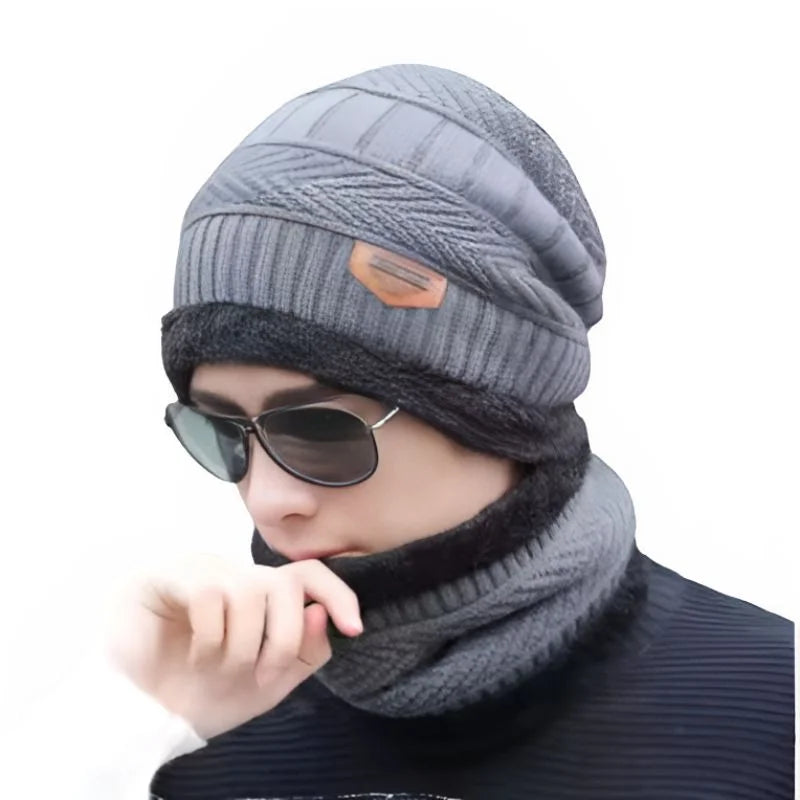 Winter Wool Cap with Neck Warmer Set | Thermal Beanie & Scarf Combo for Men and Women | Gray