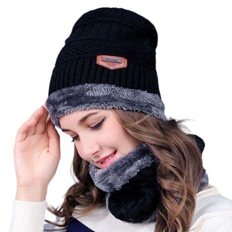 Winter Wool Cap with Neck Warmer Set | Thermal Beanie & Scarf Combo for Men and Women | Black And Gray
